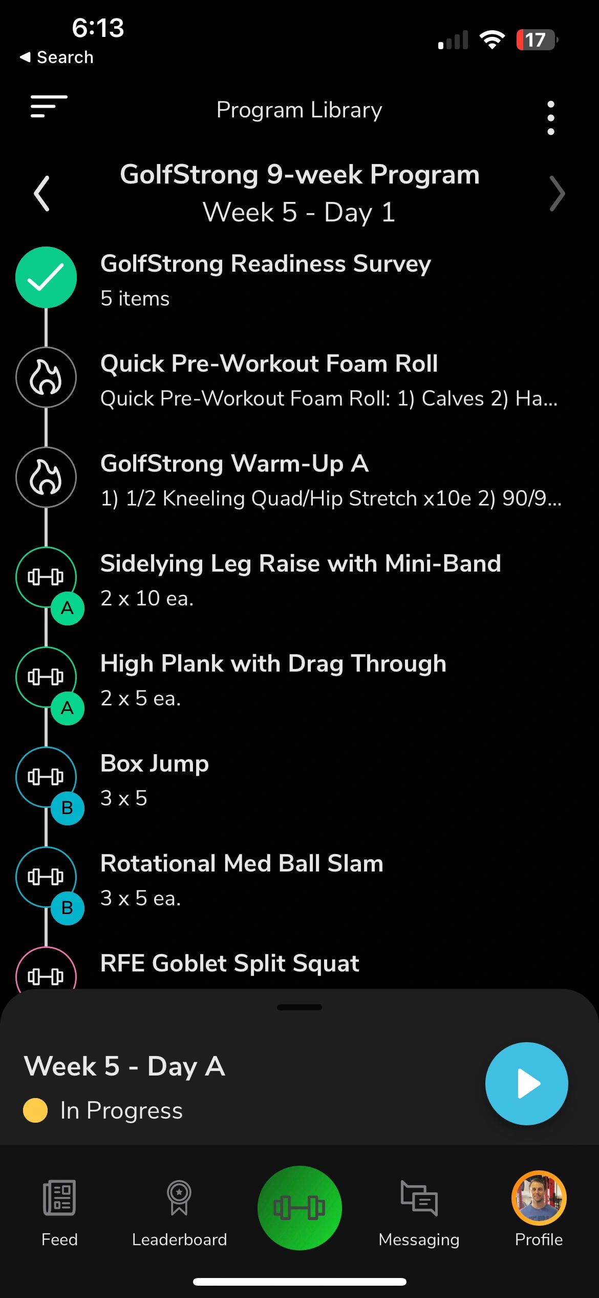 GolfStrong mobile program interface