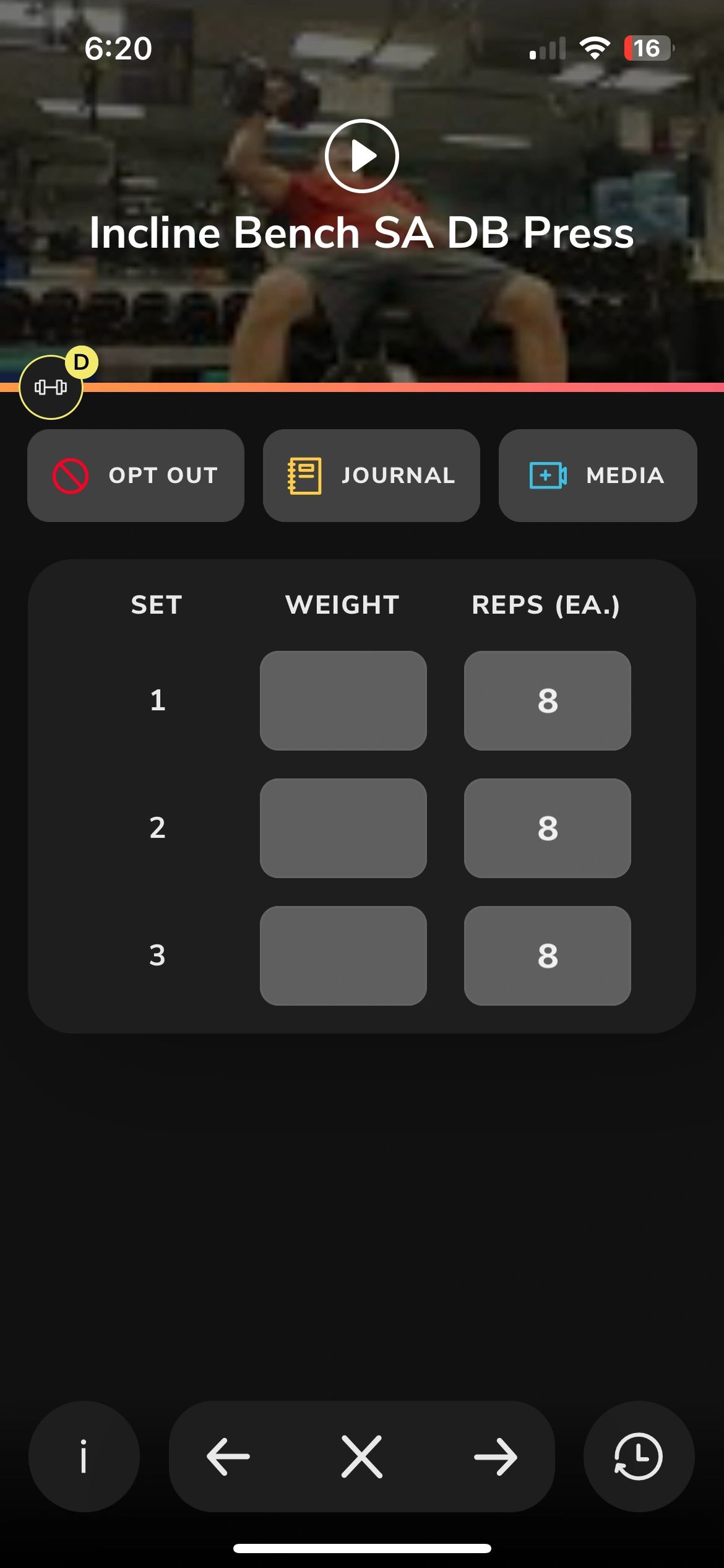 GolfStrong workout exercise tracking screen